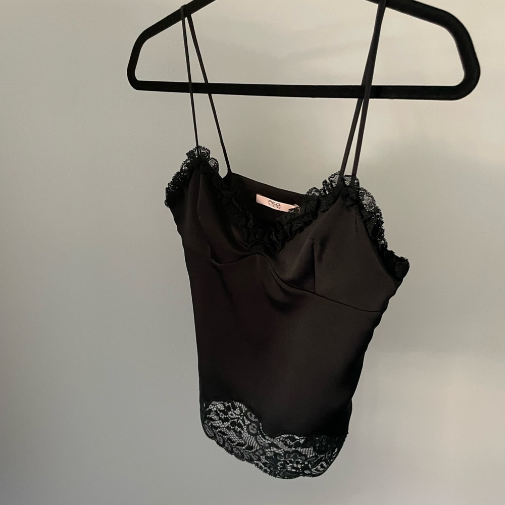 RED Valentino Black Satin Top with Lace Detail